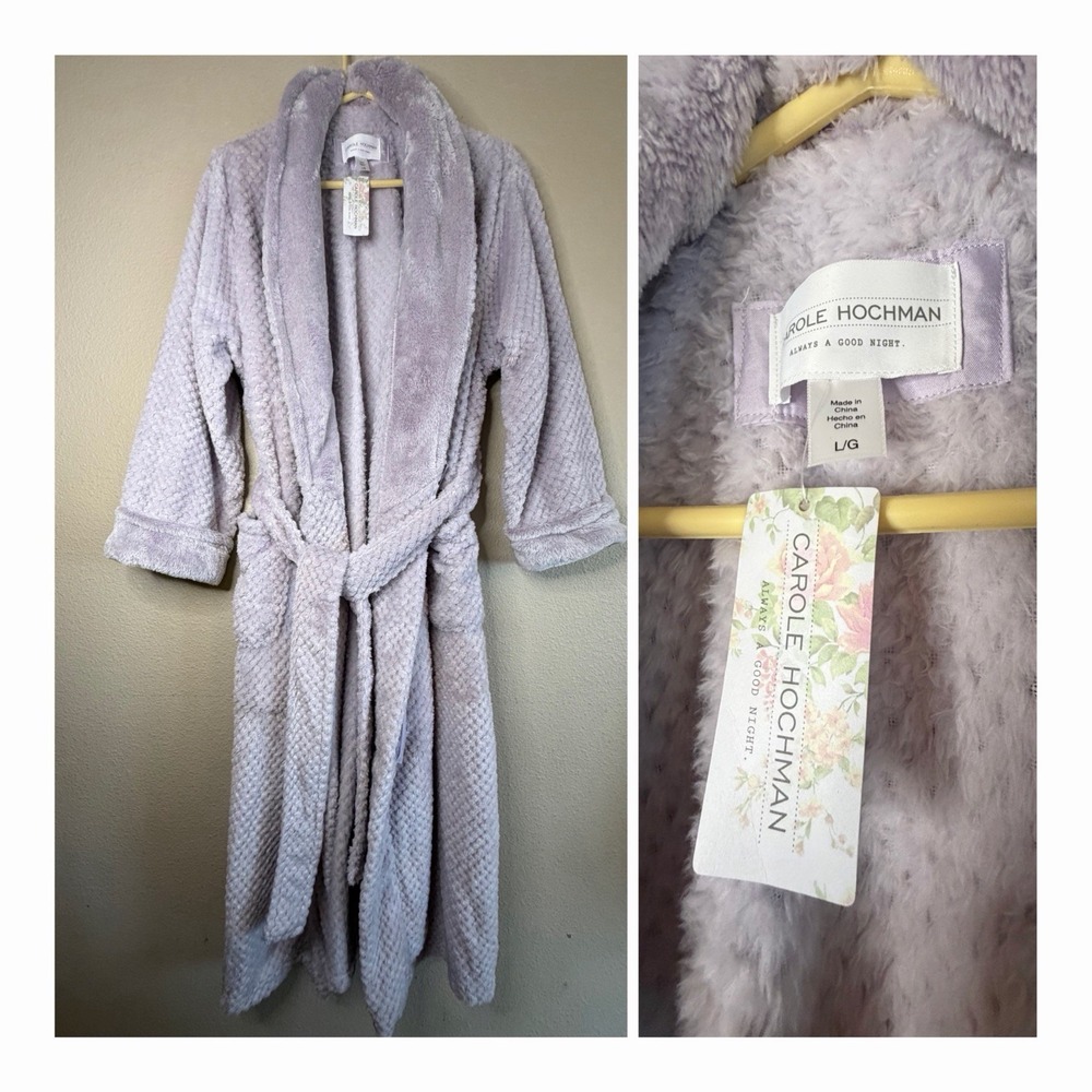 NWT Carole Hochman Plush Long Robe L Lavender Gray Belted Shawl Collar Pockets